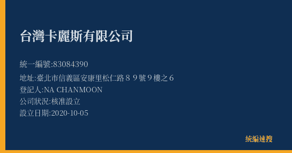 台灣卡麗斯有限公司的照片-統編 83084390(臺北市) 公司登記資料與營業項目詳細圖表