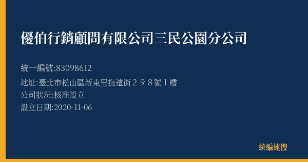 優伯行銷顧問有限公司三民公園分公司的照片-統編 83098612(臺北市) 公司登記資料與營業項目詳細圖表