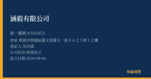 涵毅有限公司的照片-統編 83102453(桃園市) 公司登記資料與營業項目詳細圖表