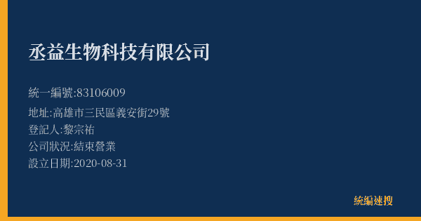 丞益生物科技有限公司的照片-統編 83106009(高雄市) 公司登記資料與營業項目詳細圖表