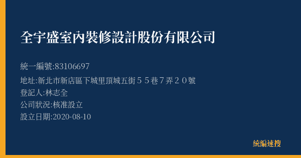 全宇盛室內裝修設計股份有限公司的照片-統編 83106697(新北市) 公司登記資料與營業項目詳細圖表