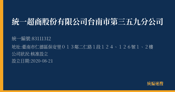 統一超商股份有限公司台南市第三五九分公司的照片-統編 83111312(臺南市) 公司登記資料與營業項目詳細圖表