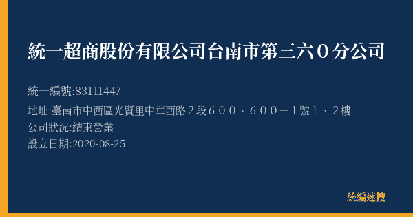 統一超商股份有限公司台南市第三六0分公司的照片-統編 83111447(臺南市) 公司登記資料與營業項目詳細圖表