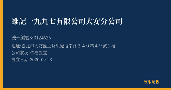 維記一九九七有限公司大安分公司的照片-統編 83124626(臺北市) 公司登記資料與營業項目詳細圖表