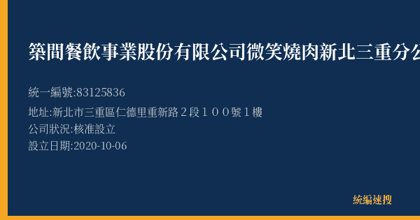 築間餐飲事業股份有限公司微笑燒肉新北三重分公司的照片-統編 83125836(新北市) 公司登記資料與營業項目詳細圖表