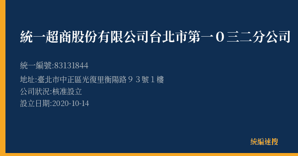 統一超商股份有限公司台北市第一0三二分公司的照片-統編 83131844(臺北市) 公司登記資料與營業項目詳細圖表