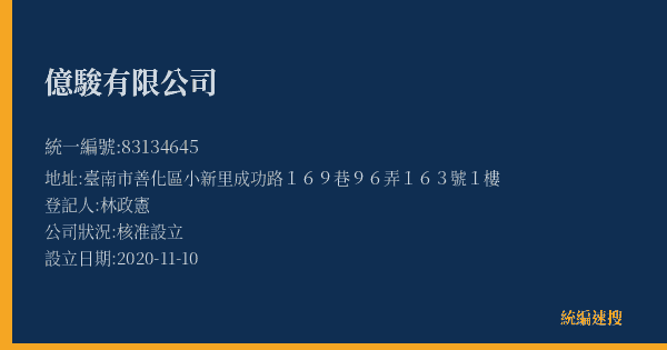 億駿有限公司的照片-統編 83134645(臺南市) 公司登記資料與營業項目詳細圖表