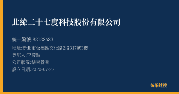 北緯二十七度科技股份有限公司的照片-統編 83138683(新北市) 公司登記資料與營業項目詳細圖表