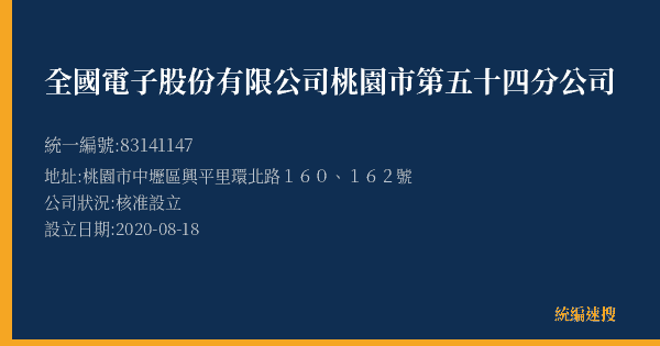 全國電子股份有限公司桃園市第五十四分公司的照片-統編 83141147(桃園市) 公司登記資料與營業項目詳細圖表