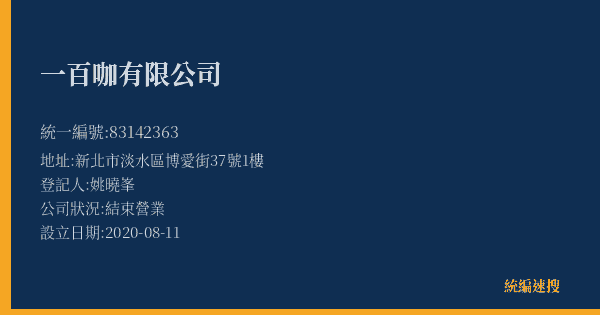 一百咖有限公司的照片-統編 83142363(新北市) 公司登記資料與營業項目詳細圖表