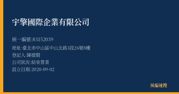 宇擎國際企業有限公司的照片-統編 83152039(臺北市) 公司登記資料與營業項目詳細圖表