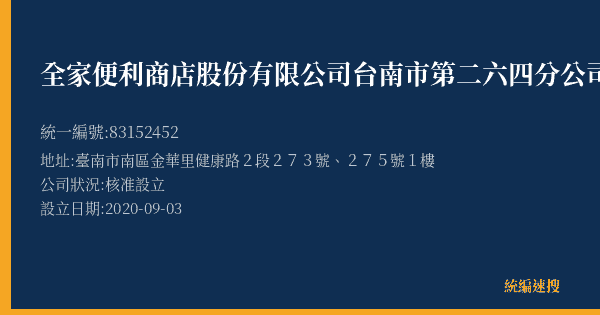 全家便利商店股份有限公司台南市第二六四分公司的照片-統編 83152452(臺南市) 公司登記資料與營業項目詳細圖表