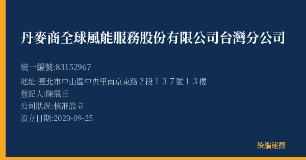 丹麥商全球風能服務股份有限公司台灣分公司的照片-統編 83152967(臺北市) 公司登記資料與營業項目詳細圖表