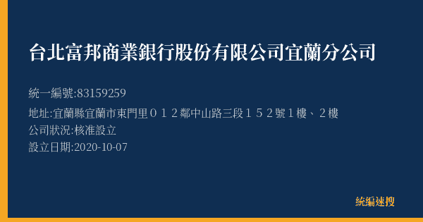 台北富邦商業銀行股份有限公司宜蘭分公司的照片-統編 83159259(宜蘭縣) 公司登記資料與營業項目詳細圖表