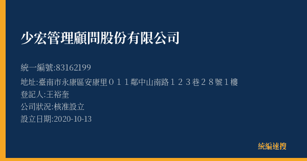 少宏管理顧問股份有限公司的照片-統編 83162199(臺南市) 公司登記資料與營業項目詳細圖表