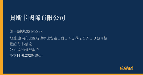 貝斯卡國際有限公司的照片-統編 83162228(臺南市) 公司登記資料與營業項目詳細圖表