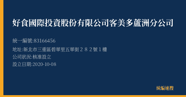 好食國際投資股份有限公司客美多蘆洲分公司的照片-統編 83166456(新北市) 公司登記資料與營業項目詳細圖表