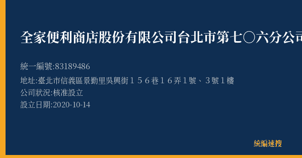 全家便利商店股份有限公司台北市第七○六分公司的照片-統編 83189486(臺北市) 公司登記資料與營業項目詳細圖表