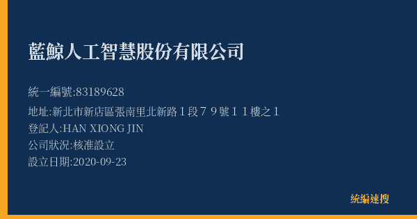藍鯨人工智慧股份有限公司的照片-統編 83189628(新北市) 公司登記資料與營業項目詳細圖表