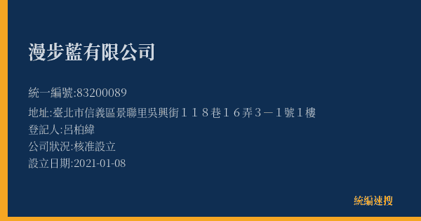 漫步藍有限公司的照片-統編 83200089(臺北市) 公司登記資料與營業項目詳細圖表