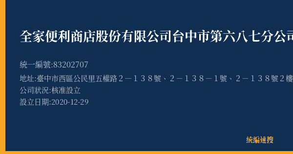 全家便利商店股份有限公司台中市第六八七分公司的照片-統編 83202707(臺中市) 公司登記資料與營業項目詳細圖表