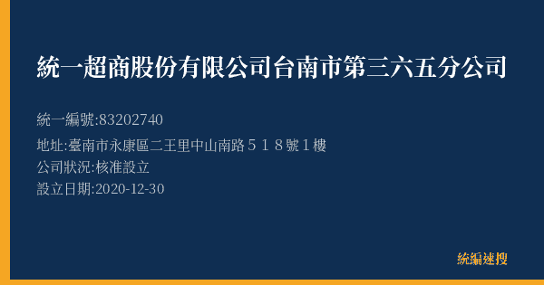 統一超商股份有限公司台南市第三六五分公司的照片-統編 83202740(臺南市) 公司登記資料與營業項目詳細圖表