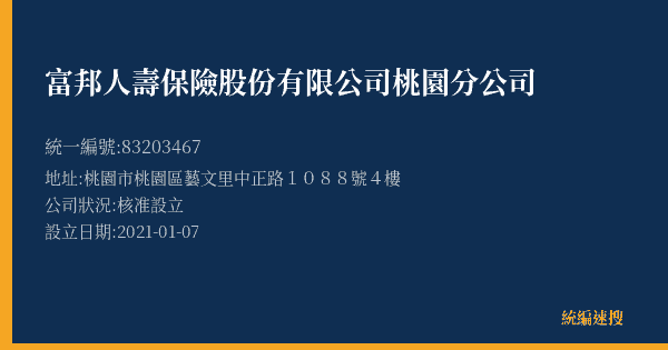 富邦人壽保險股份有限公司桃園分公司的照片-統編 83203467(桃園市) 公司登記資料與營業項目詳細圖表
