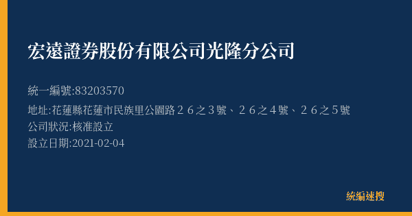 宏遠證券股份有限公司光隆分公司的照片-統編 83203570(花蓮縣) 公司登記資料與營業項目詳細圖表