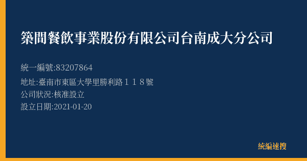 築間餐飲事業股份有限公司台南成大分公司的照片-統編 83207864(臺南市) 公司登記資料與營業項目詳細圖表