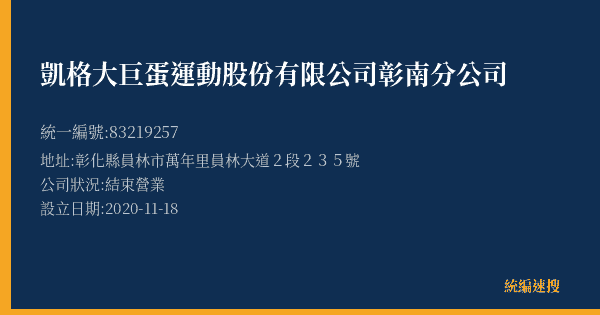 凱格大巨蛋運動股份有限公司彰南分公司的照片-統編 83219257(彰化縣) 公司登記資料與營業項目詳細圖表