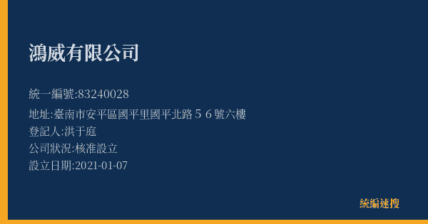 鴻威有限公司的照片-統編 83240028(臺南市) 公司登記資料與營業項目詳細圖表