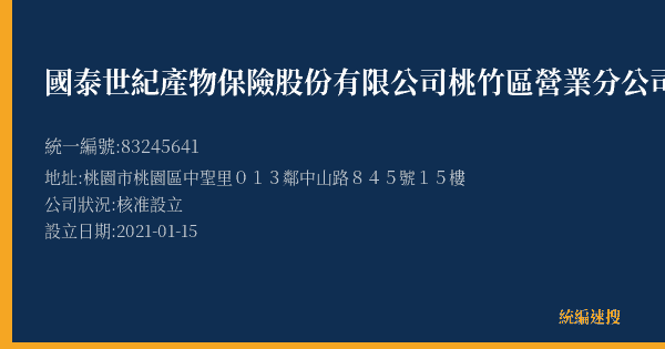 國泰世紀產物保險股份有限公司桃竹區營業分公司的照片-統編 83245641(桃園市) 公司登記資料與營業項目詳細圖表