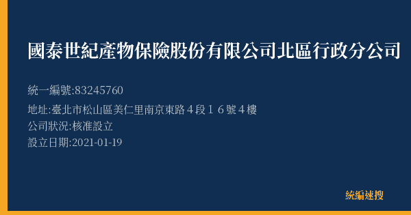 國泰世紀產物保險股份有限公司北區行政分公司的照片-統編 83245760(臺北市) 公司登記資料與營業項目詳細圖表