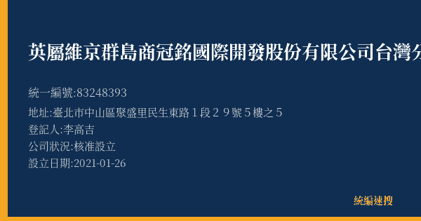 英屬維京群島商冠銘國際開發股份有限公司台灣分公司的照片-統編 83248393(臺北市) 公司登記資料與營業項目詳細圖表