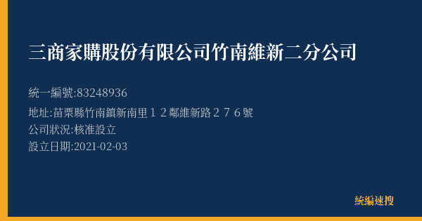 三商家購股份有限公司竹南維新二分公司的照片-統編 83248936(苗栗縣) 公司登記資料與營業項目詳細圖表