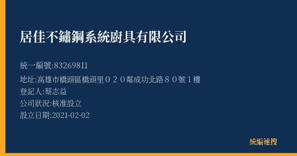 居佳不鏽鋼系統廚具有限公司的照片-統編 83269811(高雄市) 公司登記資料與營業項目詳細圖表