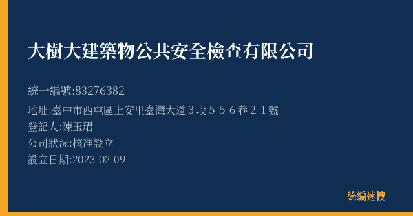 大樹大建築物公共安全檢查有限公司的照片-統編 83276382(臺中市) 公司登記資料與營業項目詳細圖表