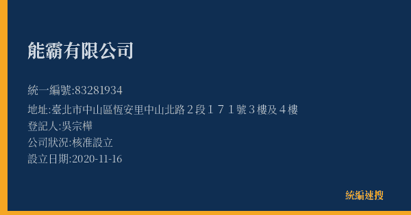 能霸有限公司的照片-統編 83281934(臺北市) 公司登記資料與營業項目詳細圖表