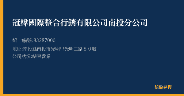 冠緯國際整合行銷有限公司南投分公司的照片-統編 83287000(南投縣) 公司登記資料與營業項目詳細圖表