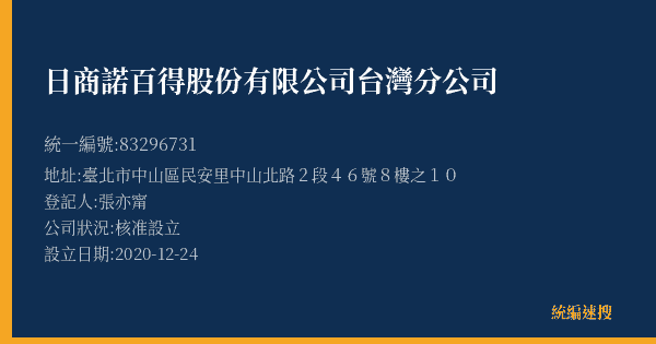 日商諾百得股份有限公司台灣分公司的照片-統編 83296731(臺北市) 公司登記資料與營業項目詳細圖表