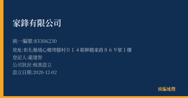 家鋒有限公司的照片-統編 83306230(彰化縣) 公司登記資料與營業項目詳細圖表