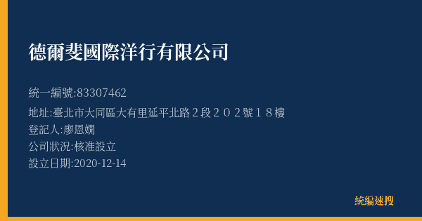 德爾斐國際洋行有限公司的照片-統編 83307462(臺北市) 公司登記資料與營業項目詳細圖表
