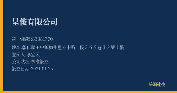 呈俊有限公司的照片-統編 83381770(彰化縣) 公司登記資料與營業項目詳細圖表