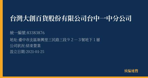 台灣大創百貨股份有限公司台中一中分公司的照片-統編 83383876(臺中市) 公司登記資料與營業項目詳細圖表