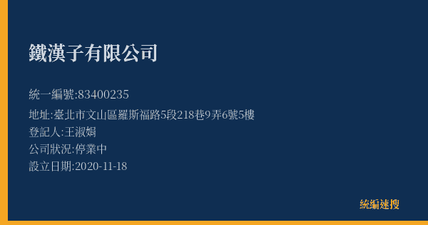鐵漢子有限公司的照片-統編 83400235(臺北市) 公司登記資料與營業項目詳細圖表