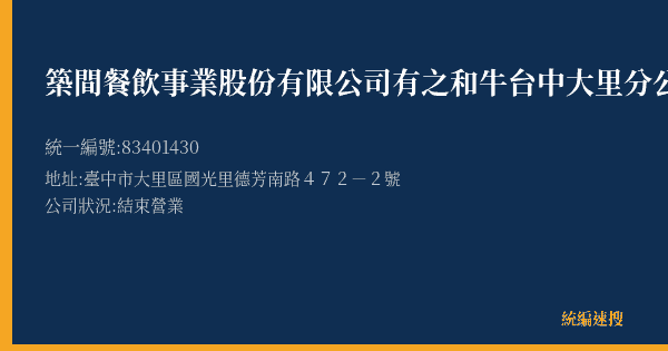 築間餐飲事業股份有限公司有之和牛台中大里分公司的照片-統編 83401430(臺中市) 公司登記資料與營業項目詳細圖表