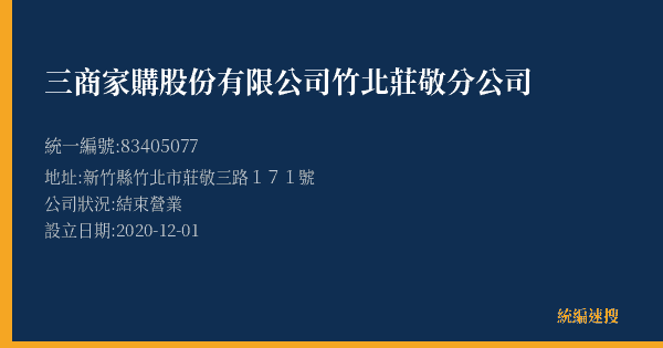 三商家購股份有限公司竹北莊敬分公司的照片-統編 83405077(新竹縣) 公司登記資料與營業項目詳細圖表