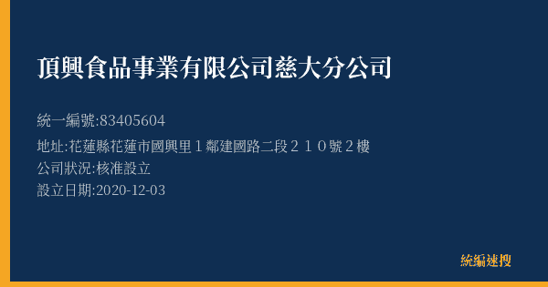 頂興食品事業有限公司慈大分公司的照片-統編 83405604(花蓮縣) 公司登記資料與營業項目詳細圖表