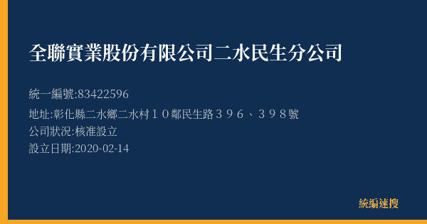全聯實業股份有限公司二水民生分公司的照片-統編 83422596(彰化縣) 公司登記資料與營業項目詳細圖表