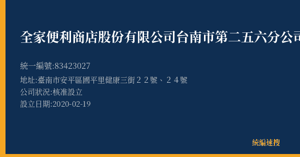 全家便利商店股份有限公司台南市第二五六分公司的照片-統編 83423027(臺南市) 公司登記資料與營業項目詳細圖表